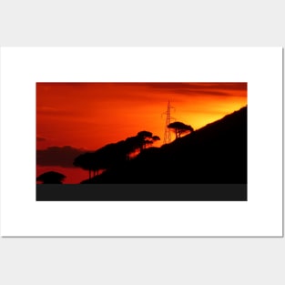 Sunrise Sky Silhouette Pine Trees Electricity tower Posters and Art